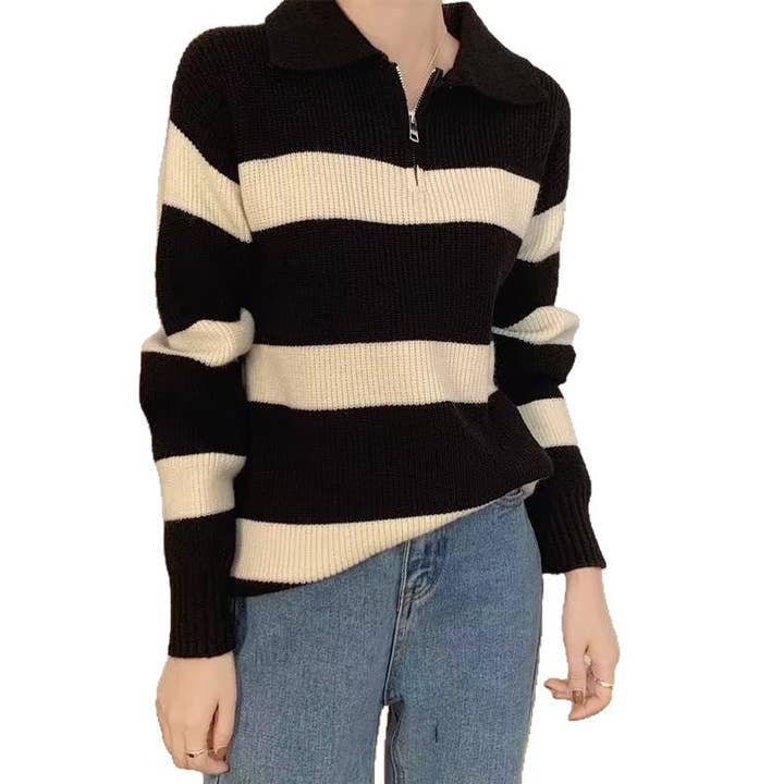 alberalkirk - Wholesale Knit Sweater - Women's - Half Zip Polo Neck Stripe Sweater Women N5A5813