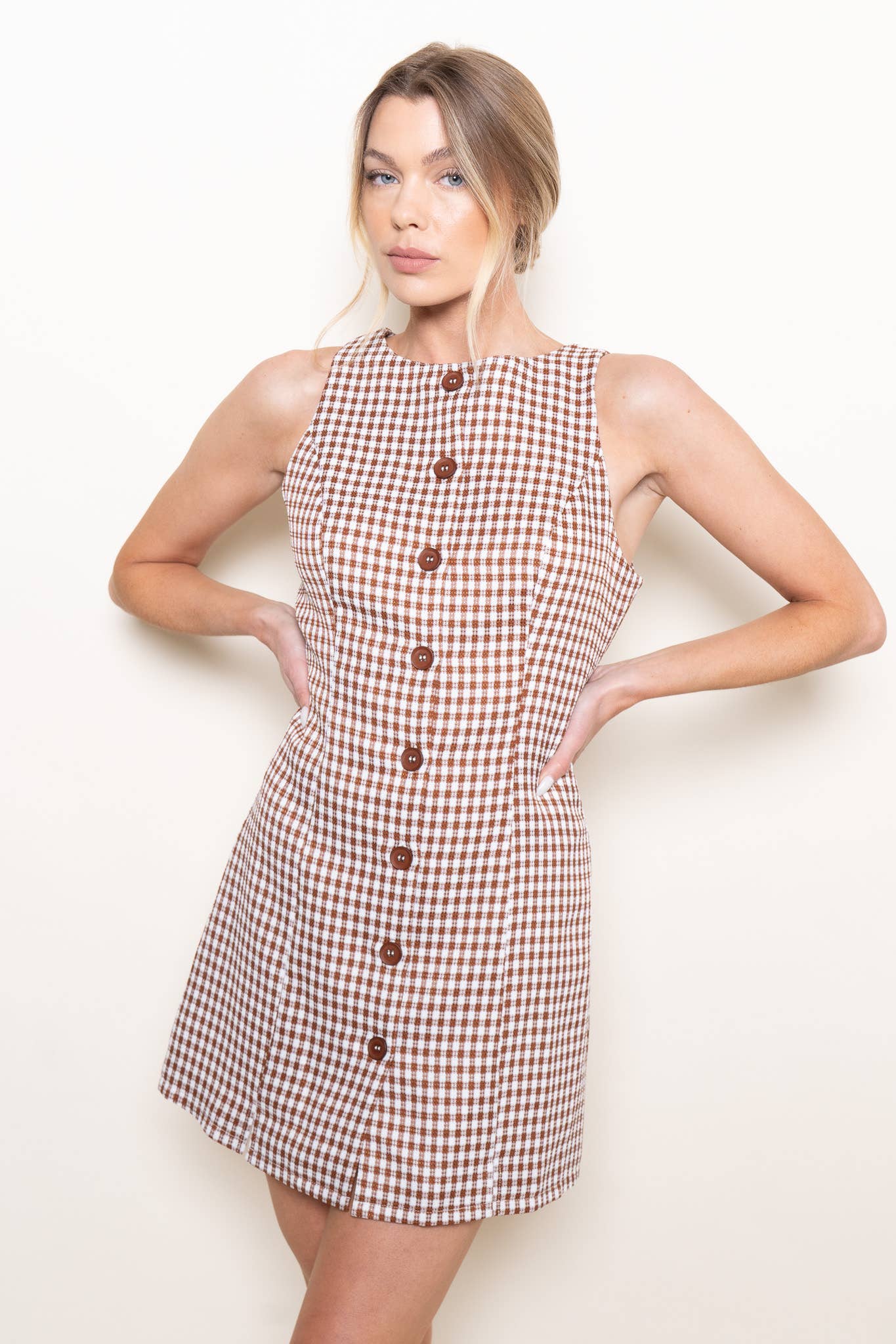 Fore Collection - Wholesale Dress - Women's - GINGHAM CHECKER BUTTON CLOSURE TANK MINI DRESS-DI9935FO12