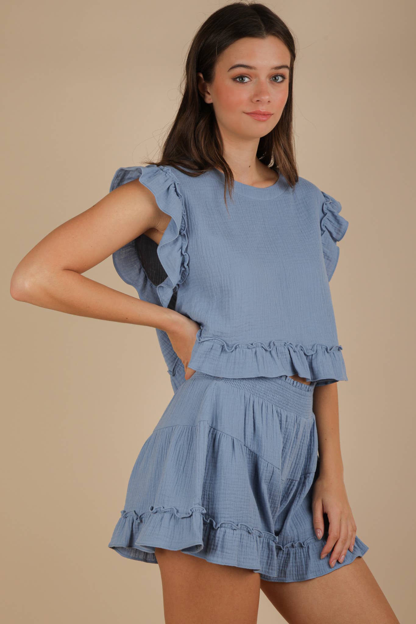 VERY J - Wholesale Top & Short Set (NOT Loungewear) - Women's - NT12150SET-Ruffled Solid Woven Top & Shorts Set18