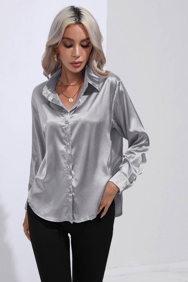 NINEXIS - Wholesale Button Down Shirt - Women's - CWTBLL0690_Button Down Silky Satin Long Sleeve Top52