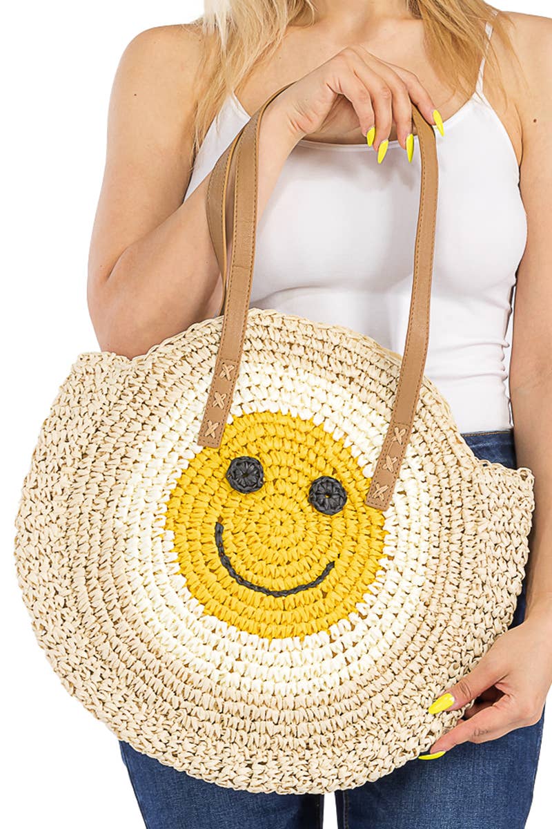 Cap Zone - Vendita all'ingrosso Borsa da spiaggia - Borsa da spiaggia rotonda in rattan con faccina sorridente12