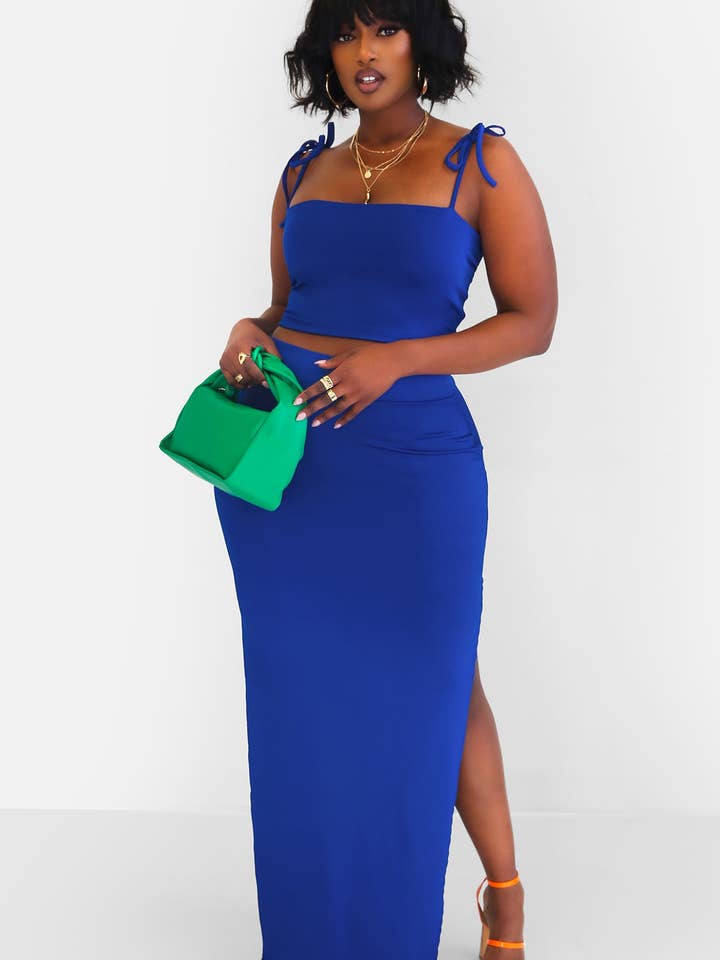 Hottie Tie Strap Crop Top & Thigh Slit Maxi Bodycon Skirt - Royal Blue for wholesale on Faire
