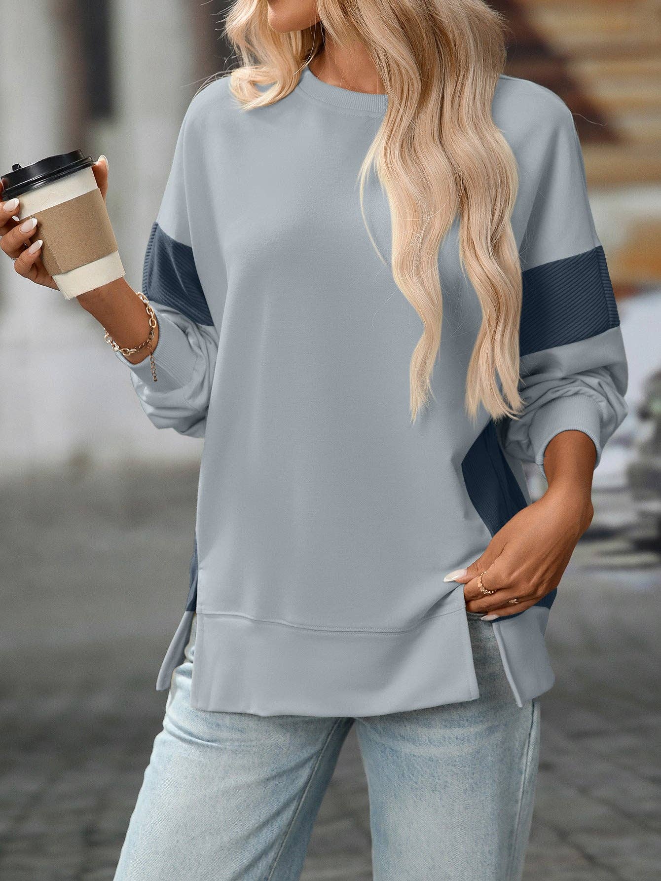 Suhkasana – wholesale Sweatshirt - Dam – Rosa färgblock rundhalsad löst sittande sweatshirt-topp7