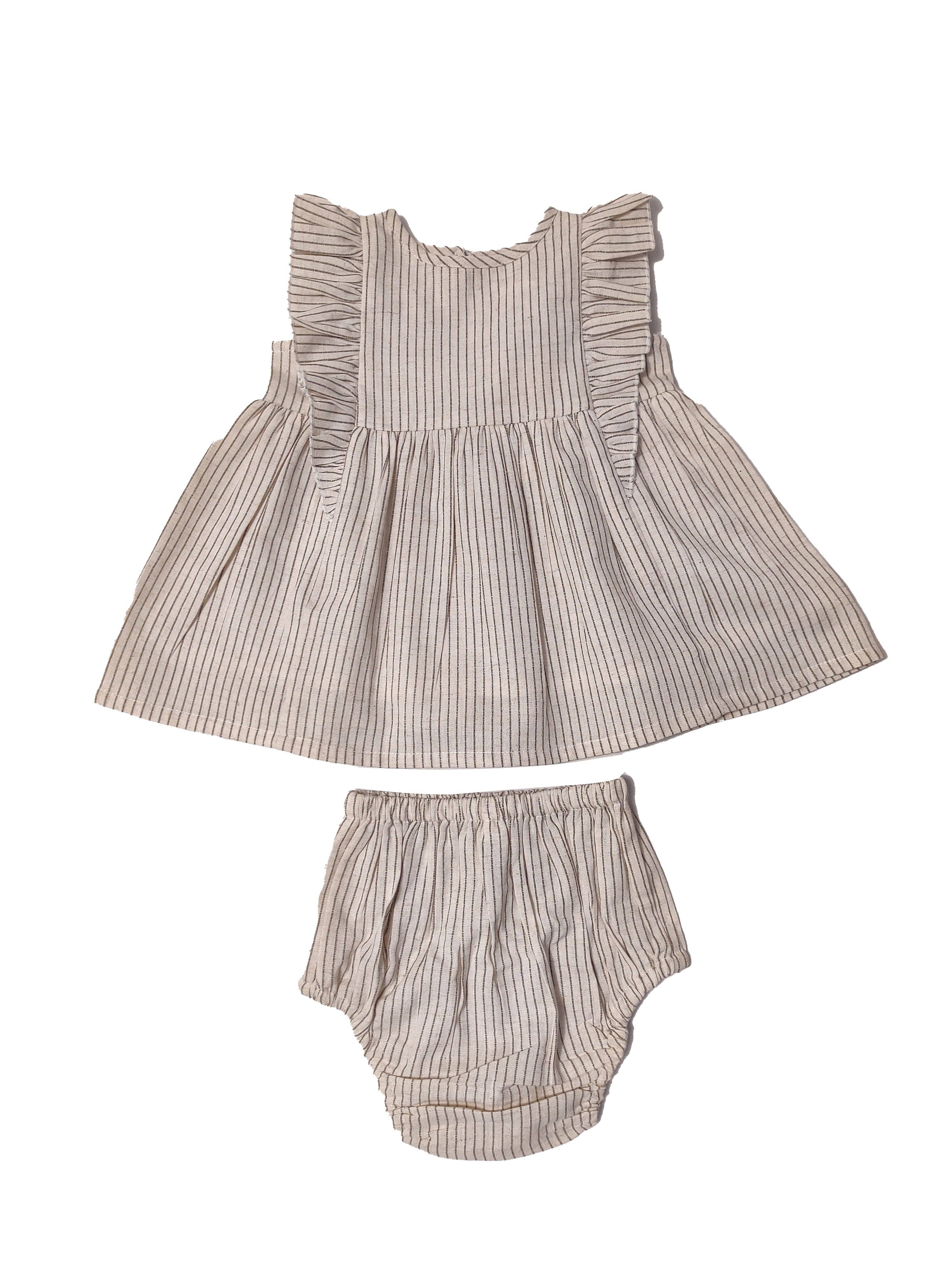 Yo Baby - Vendita all'ingrosso Completino - Neonati - Abito e mutandine con maniche svolazzanti a righe rosa e grigie ecru e grigie: Neonato: Neonato
