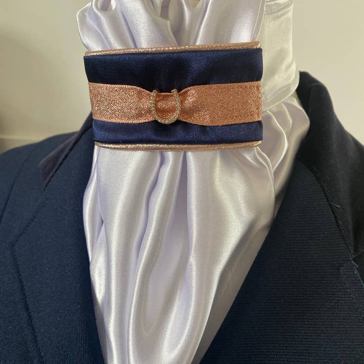 Heavenly Horse Designs - Wholesale Horseback riding gear - HHD Dressage Euro Stock Tie ‘Tomi’ in Navy and Rose Gold