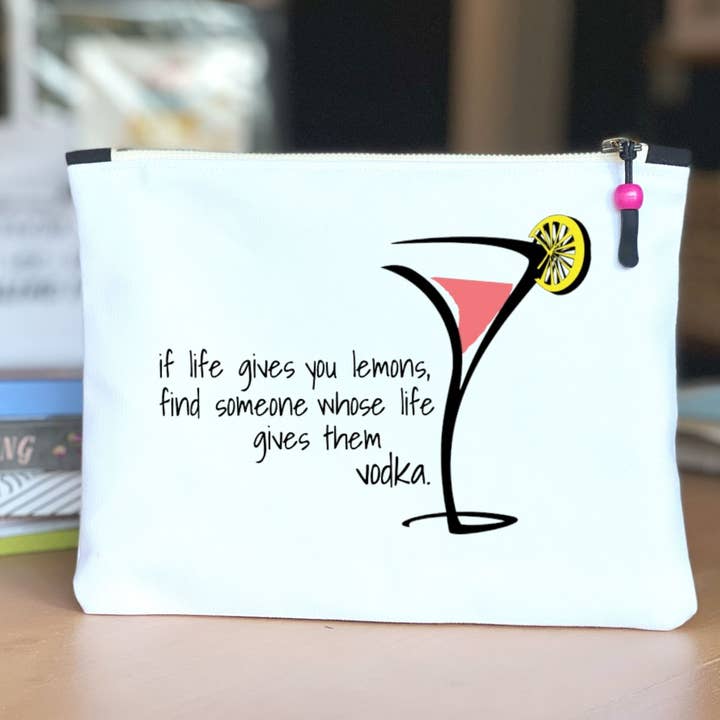 Liv og cocktails - Hvid lærred Makeup Tote penge lynlås taske for engroshandel hos Pretty Clever Words
