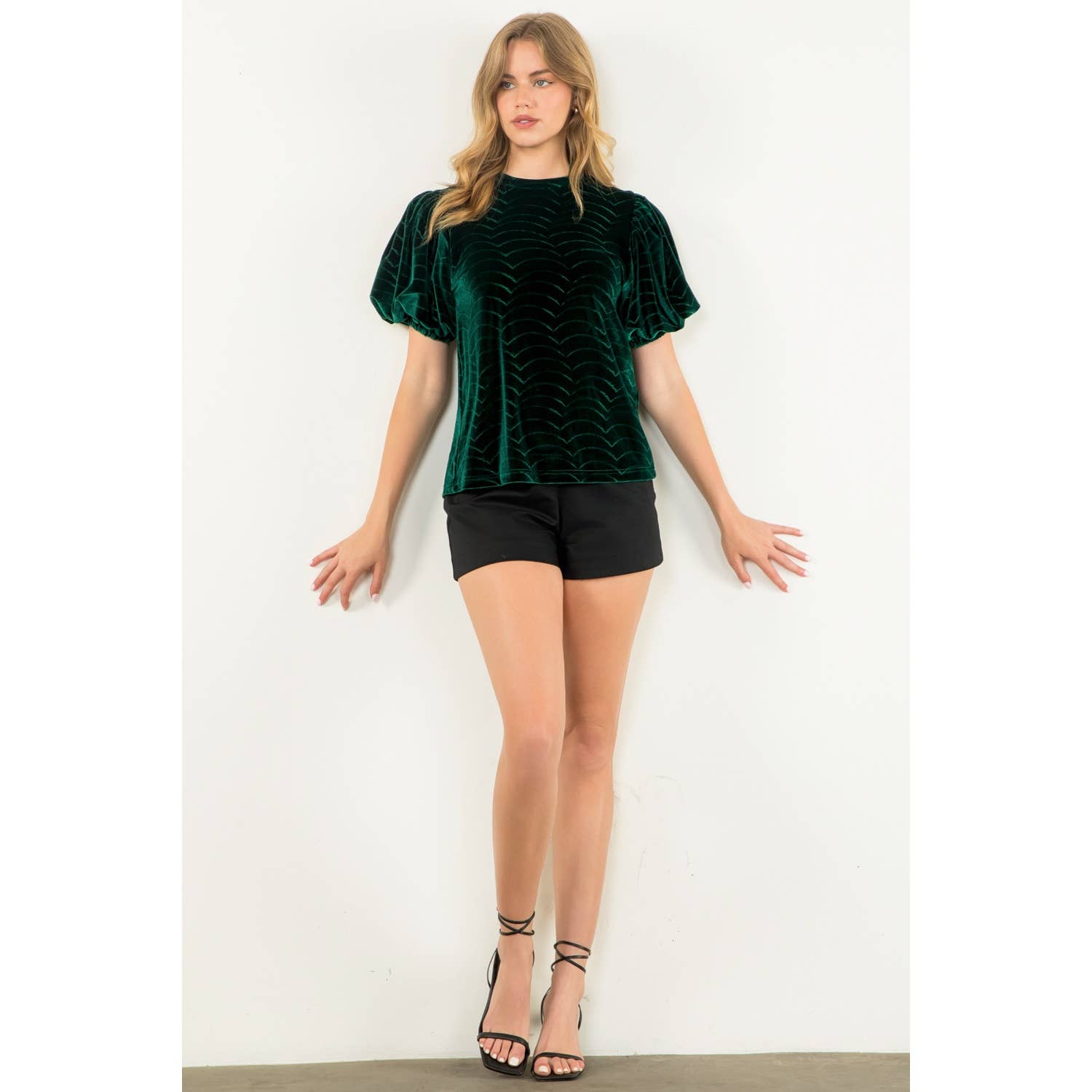 GREEN Puff Sleeve Velvet Top for wholesale on Faire2