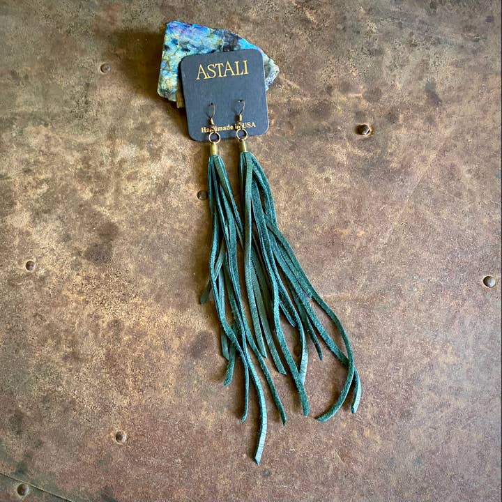 ASTALI - Wholesale Tassel Earrings - Leather Tassel Earrings - Hunter Green, Long Boho Western