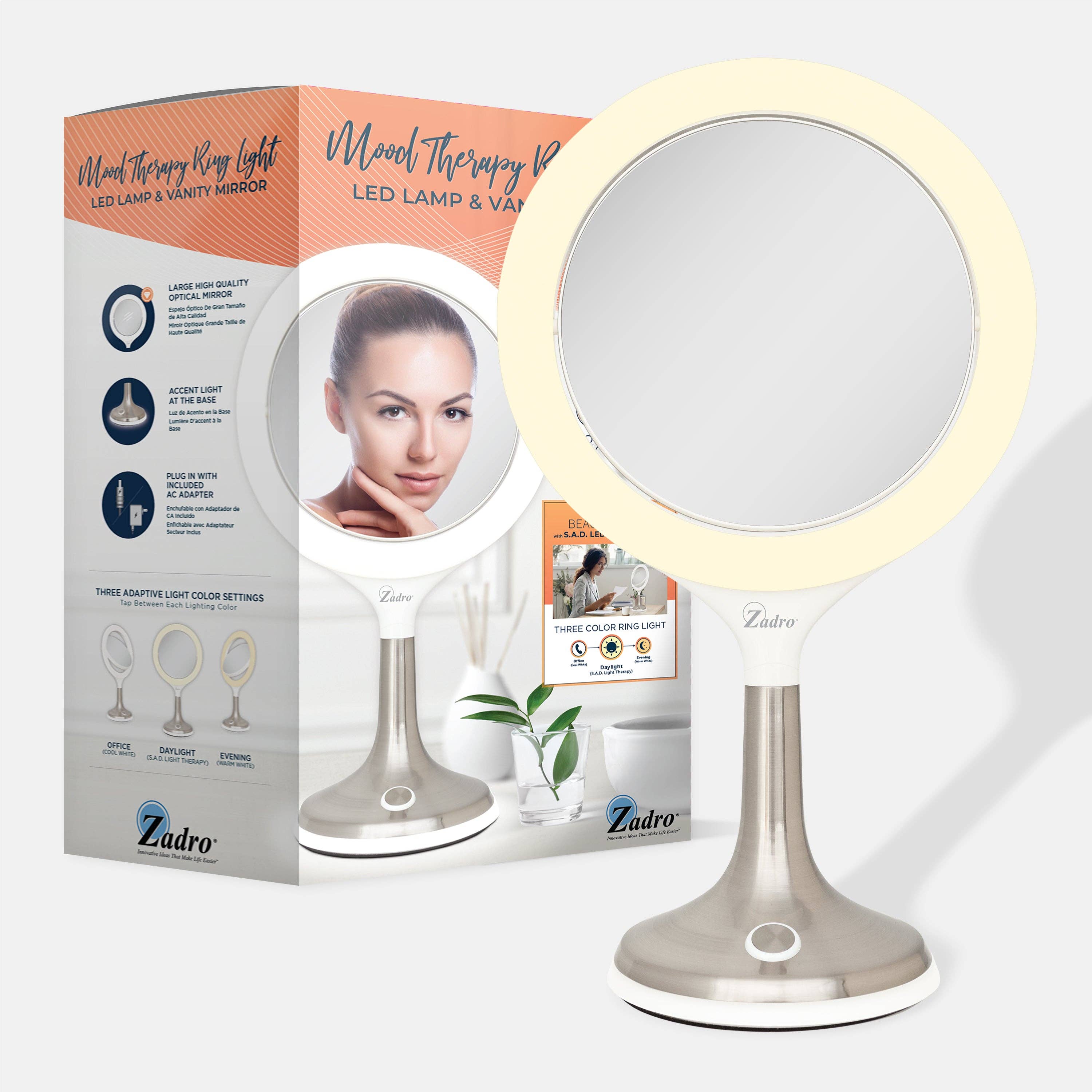 White Mood Therapy Lighted Makeup Mirror with Magnification for wholesale on Faire6