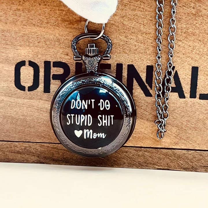 Montre de poche noire avec inscription « Don't Do Stupid Shit » pour la vente par WoodWristCo