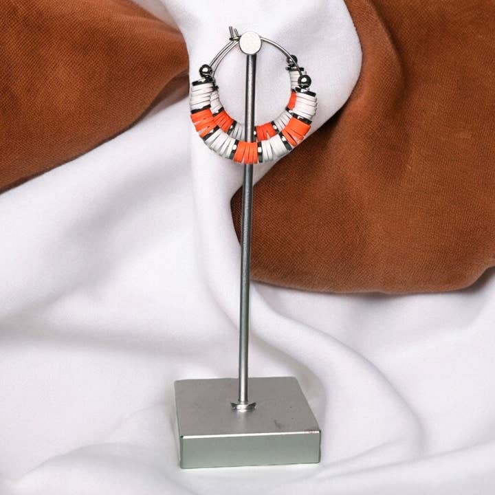 Fish Towne Designs, LLC - Wholesale Hoop Earrings - Orange and White Heishi Bead Hoop Earrings5