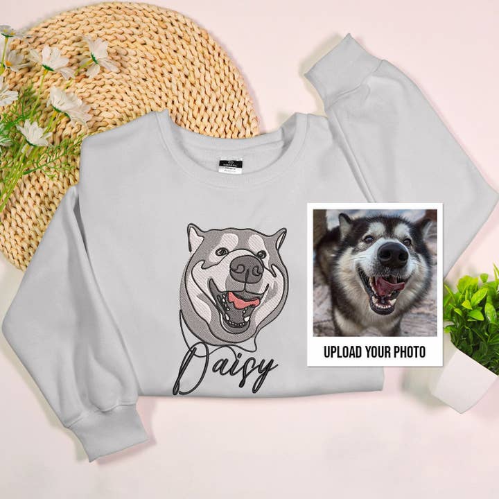 Custom Embroidered Pet Face Photo & Name Crewneck Sweatshirt for wholesale by Stitchchemy