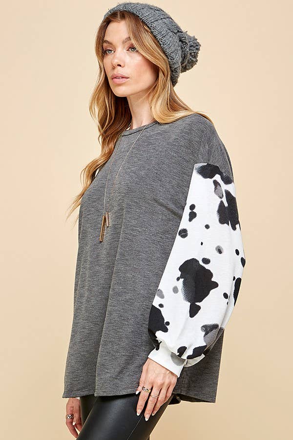 SHOPIN LA-SPT5173-SOLID BOHO WOMEN WITH COW LONG SLEEVES TOP