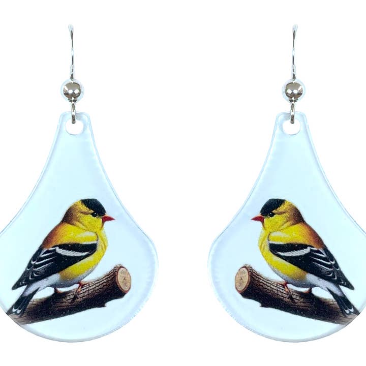 Yellow goldfinch acrylic earrings, sterling silver ear wires for wholesale by d'ears inc.