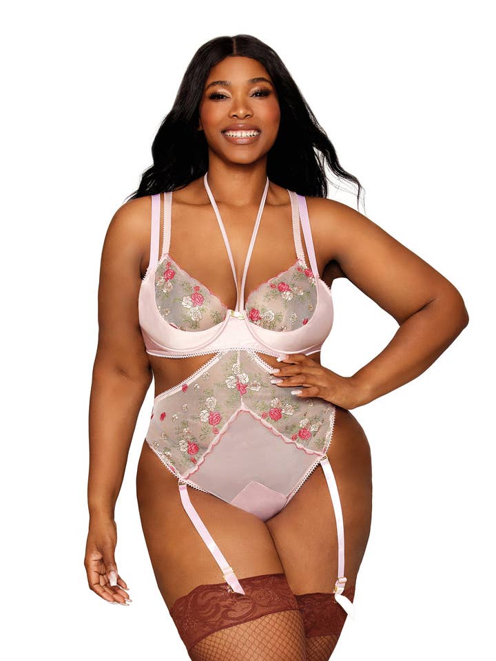 Dreamgirl International - Wholesale Lingerie Set - Women's - Dreamgirl Plus Size Vintage Rose Embroidery Bra and Open Cup Teddy Set
