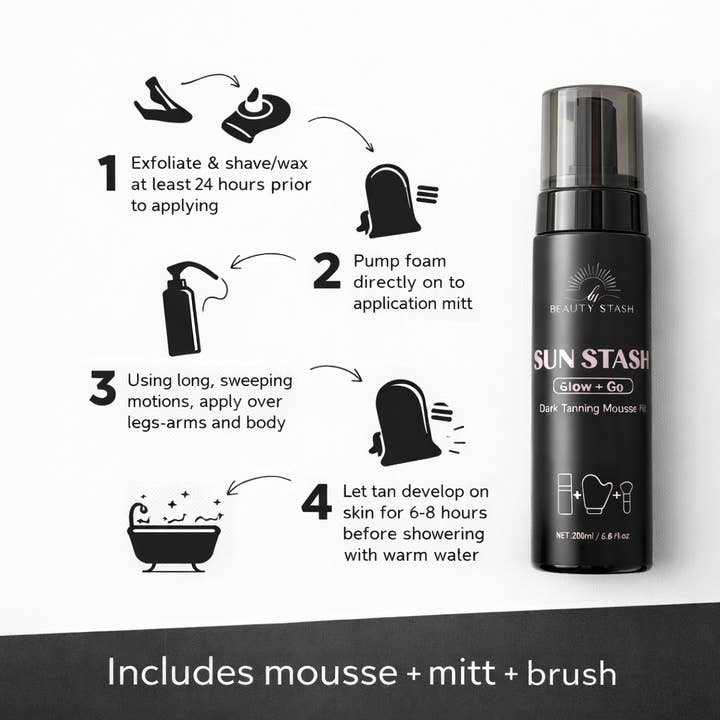 Beauty Stash - Wholesale Self-Tanner - Sun Stash Glow + Go Complete Tanning Kit – Sunless Self-Tanning Foam with Mitt & Brush, 6.3oz (Set of 6)2