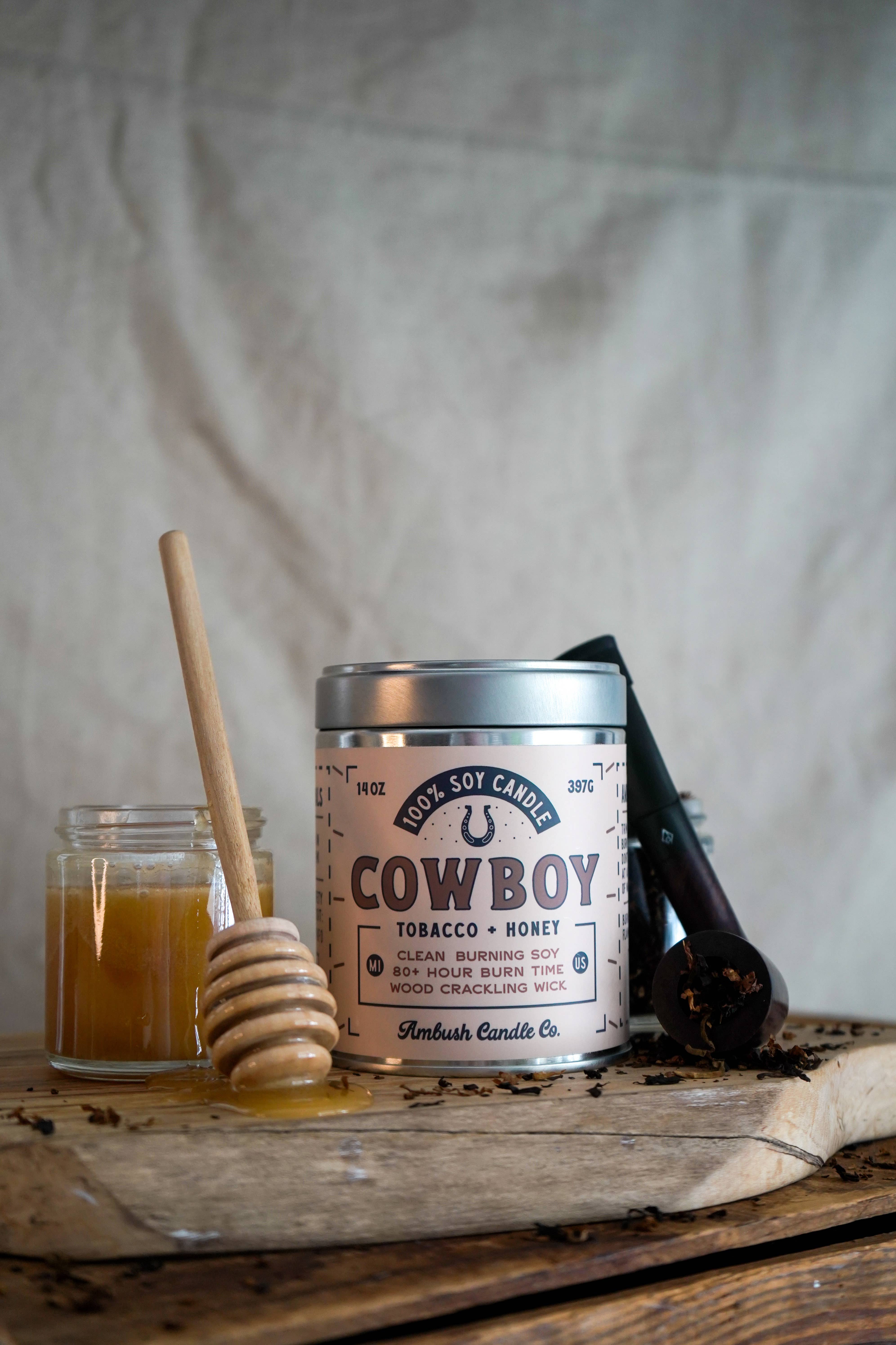 Ambush Candle Co. - Wholesale Jar/Filled Candle - Cowboy | Tobacco + Honey 14oz Soy Candle2