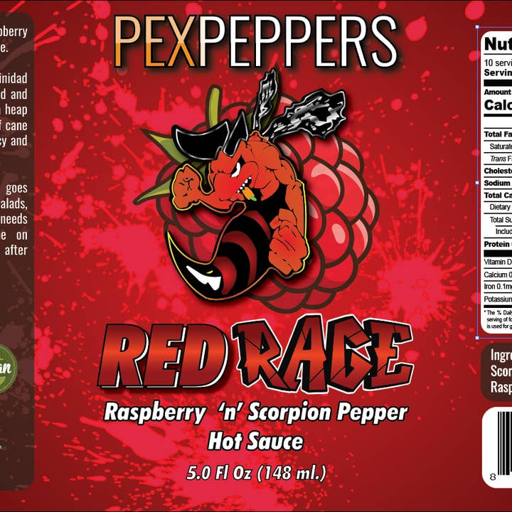 Red Rage Hallon & Trinidad Scorpion varm sås för wholesale av PexPeppers