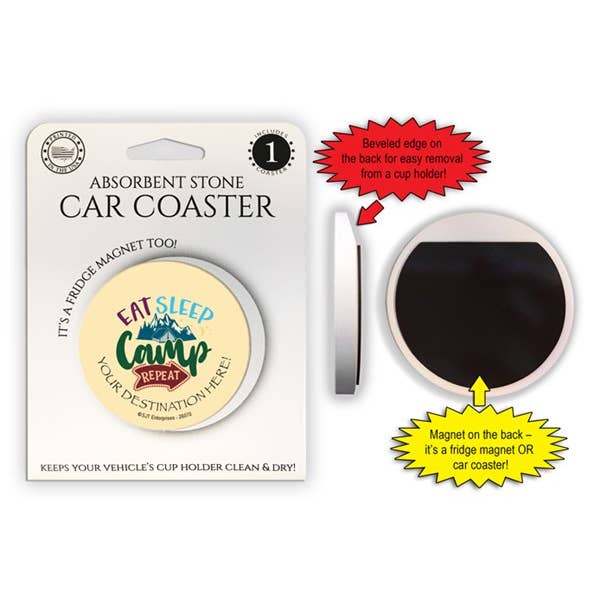 Eat sleep camp repeat 1-pack stone car coaster. for wholesale by SJT Enterprises, Inc.