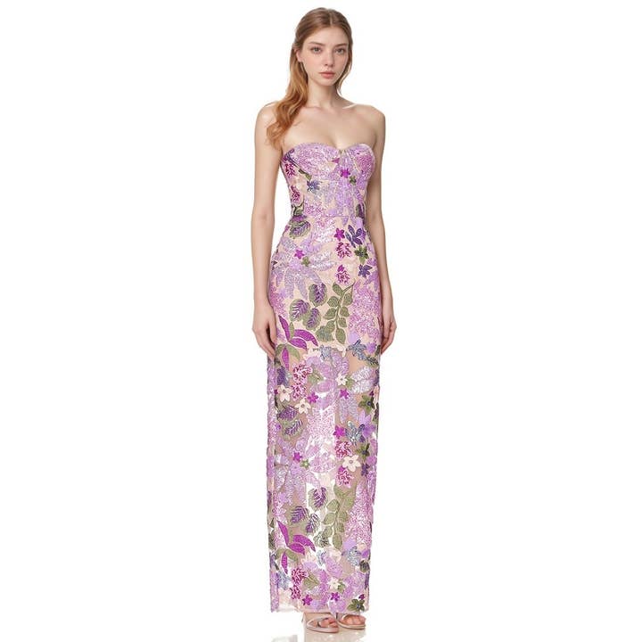 Pink 2S Hand-Embroidered Sequined Floral Tube Top Slit Maxi Dress for wholesale on Faire1