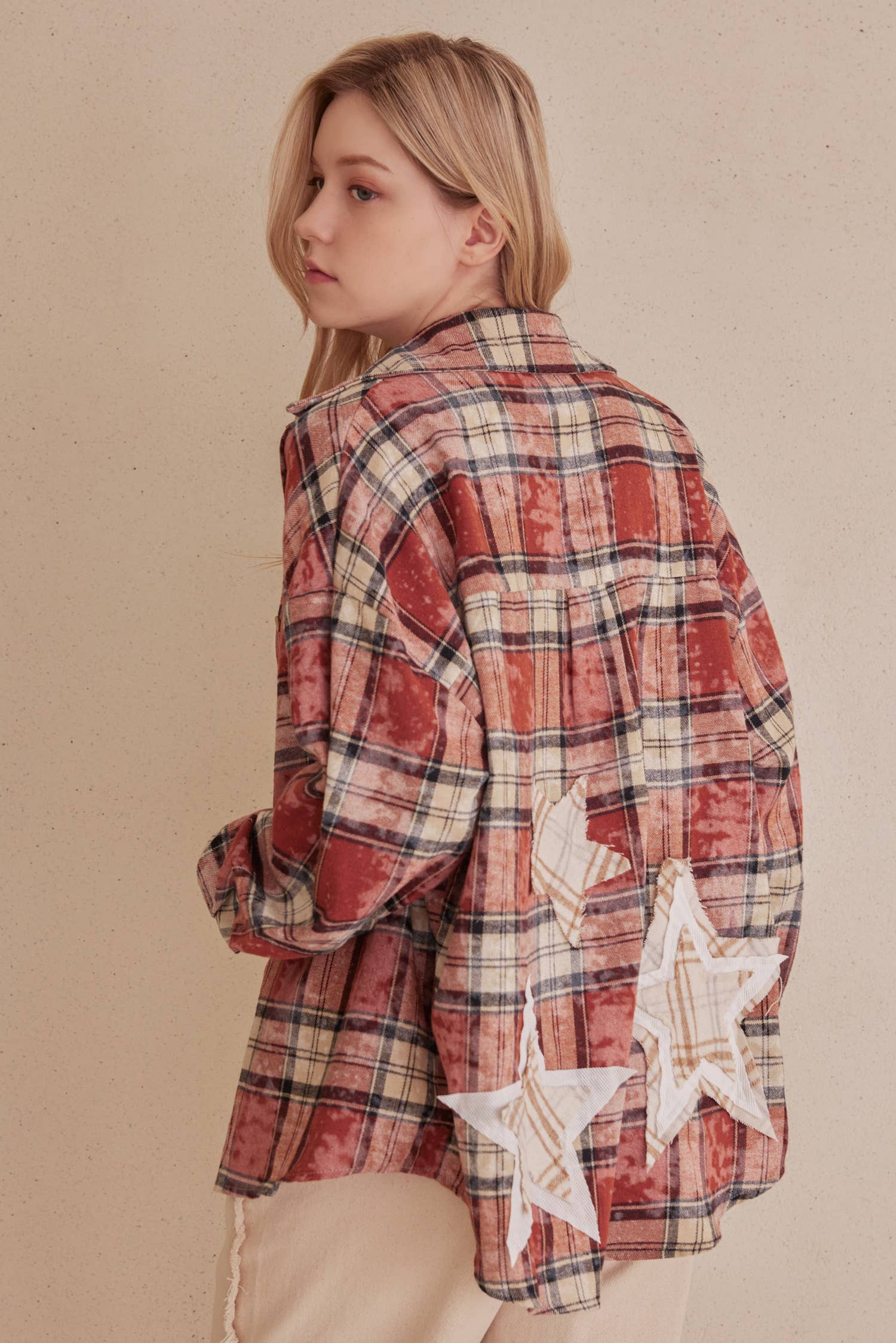 Multi Red Oversized Plaid Shirt with Star Patches for wholesale on Faire0