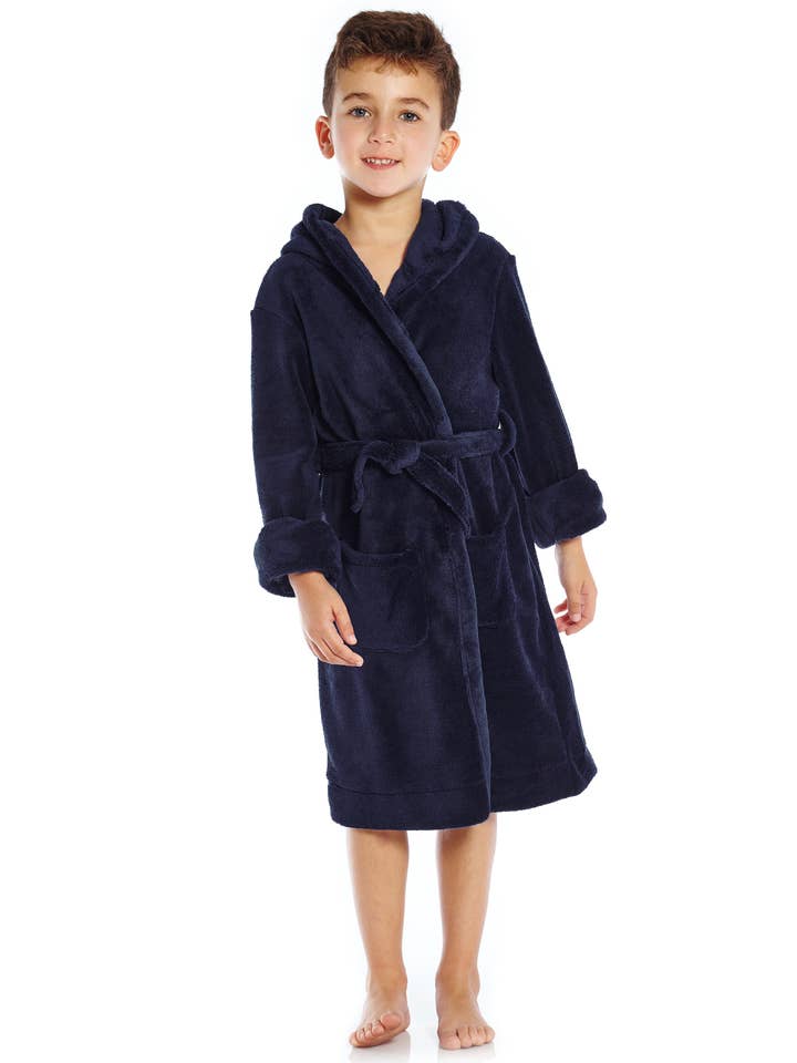 Kids Fleece Hooded Robe Navy for wholesale by Leveret Pajamas