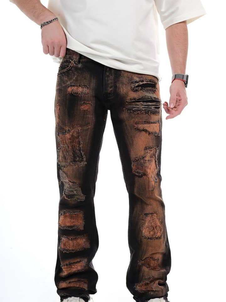 Baggy Wash Brown Distressed Laser Denim Jeans for wholesale by PremiumDenim