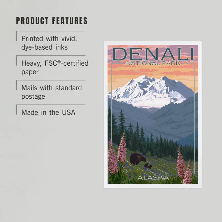 Lantern Press - Wholesale Postcard - PREMIUM POSTCARDS Denali National Park, Alaska Bear &Flowers