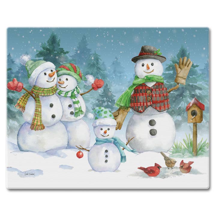 Planche à découper en verre trempé « Snowman Family » 15" x 12" pour la vente par CounterArt/Highland Home/Thirstystone