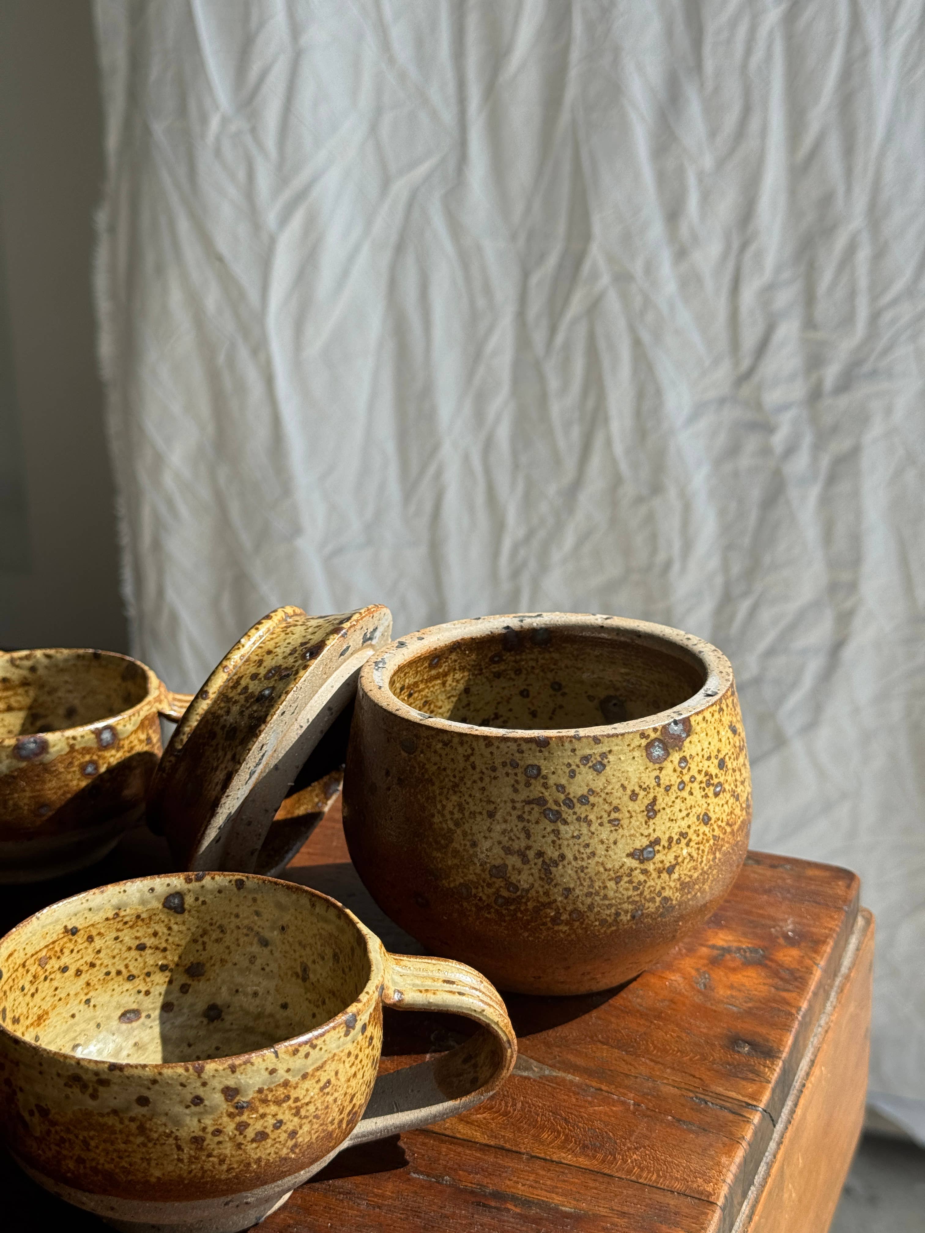 brown Small stoneware tea set with teapot, cups, sugar bowl for wholesale on Faire16