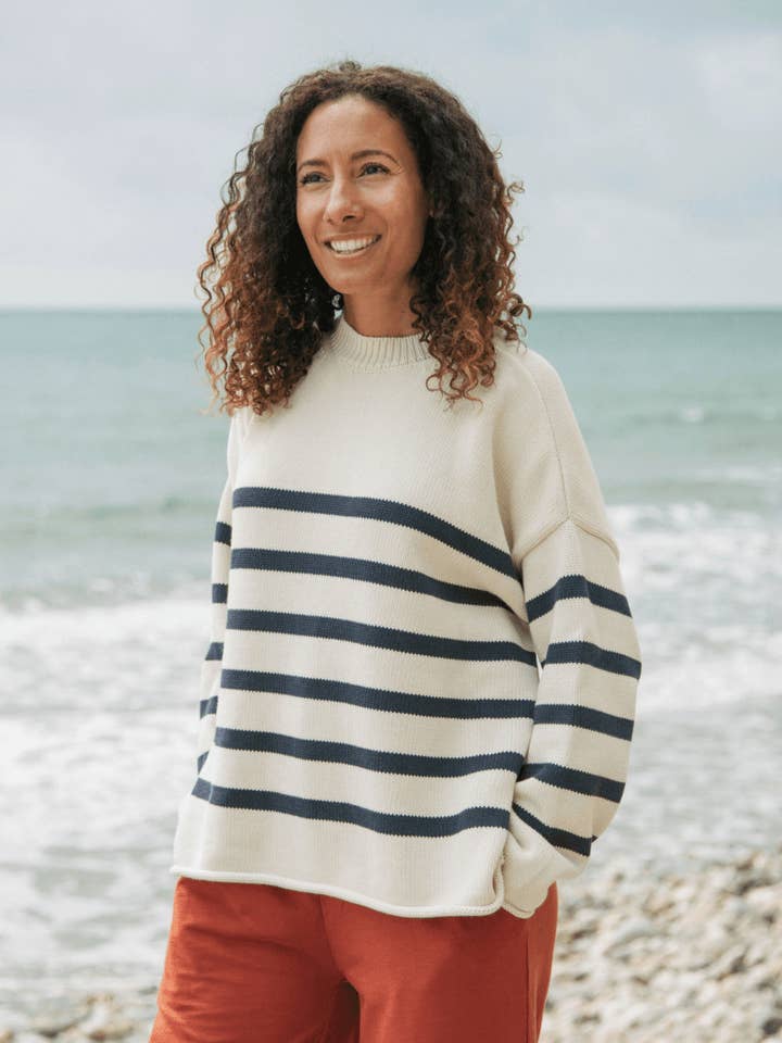 Navy Ecru Stripe Offshore Oversized Striped Knitted Jumper for wholesale on Faire
