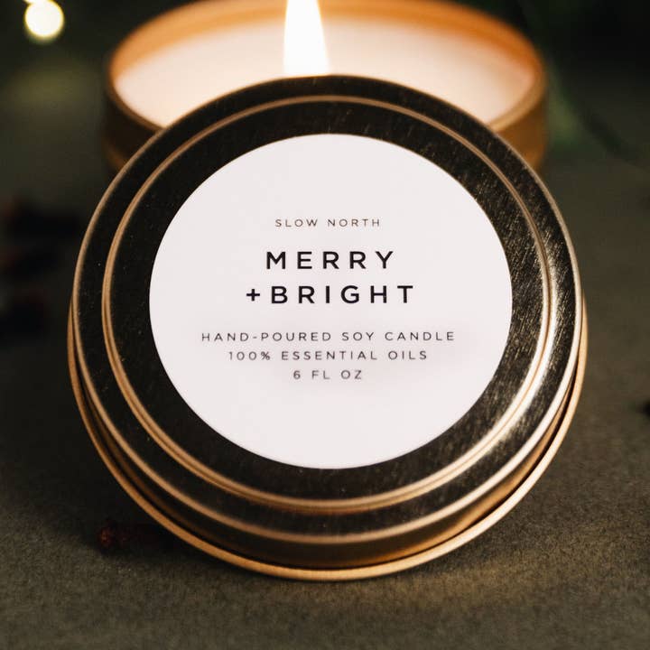 Travel Tin Candles | Merry + Bright (6 oz.) - Holiday 2025 for wholesale by Slow North