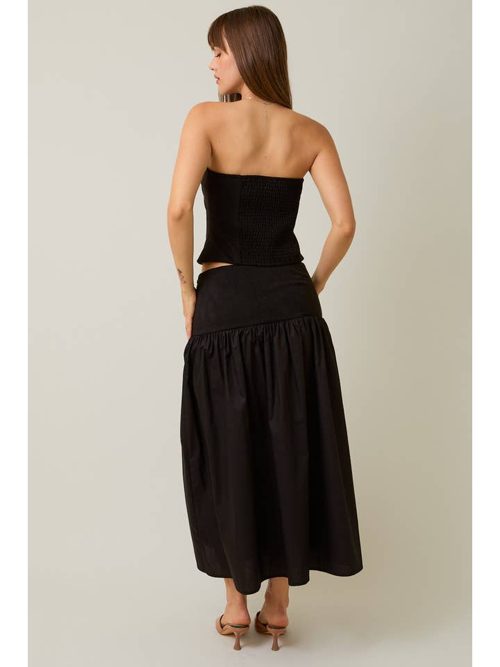 Black STRAPLESS SMOCKED BACK SUEDE TUBE TOP & CONTRAST MIDI SKIRT for wholesale on Faire3