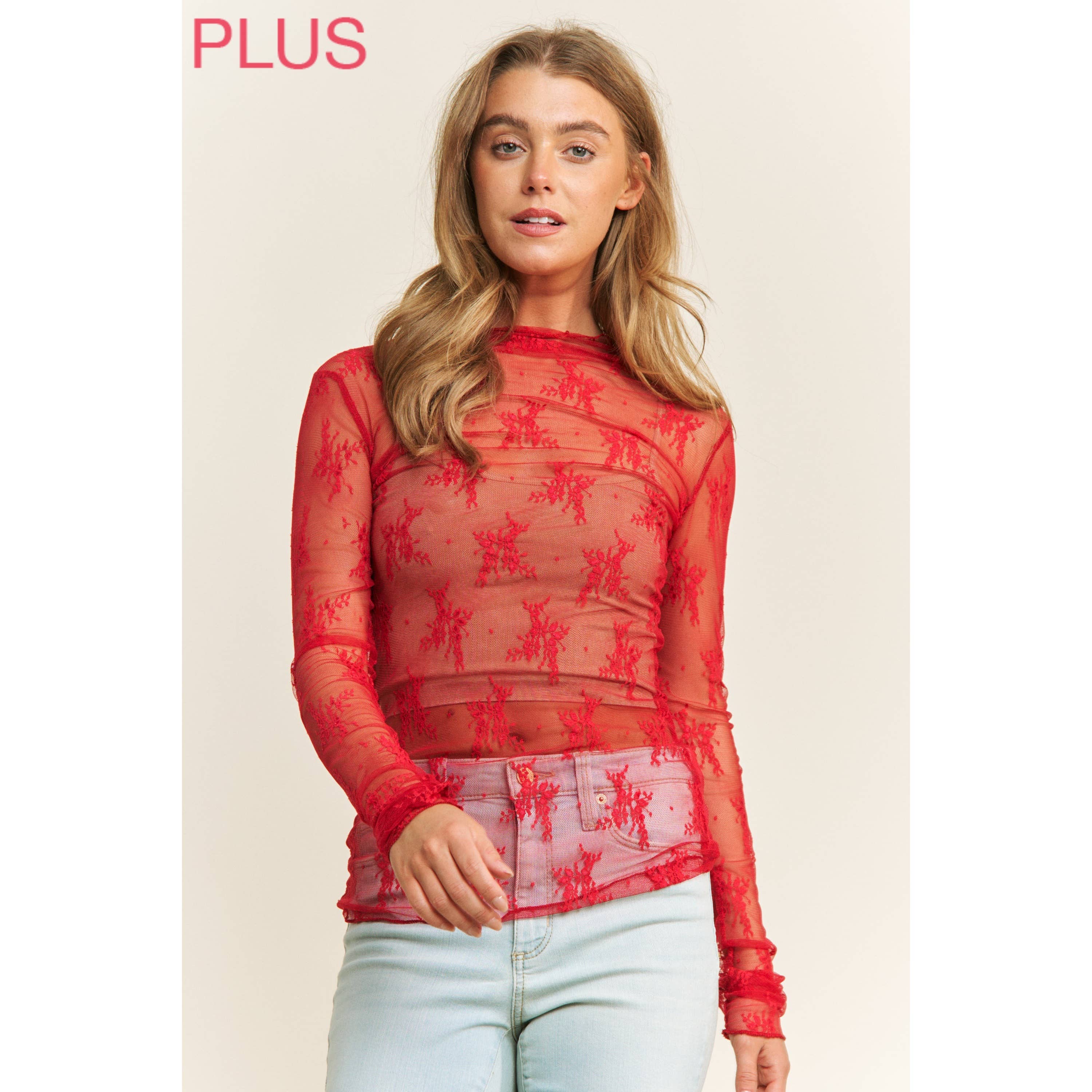 Sweet Generis - Wholesale Knit Top - Women's - PLUS MESH LACE HIGH NECK DESIGN LONG SLEEVE FITTED TOP6