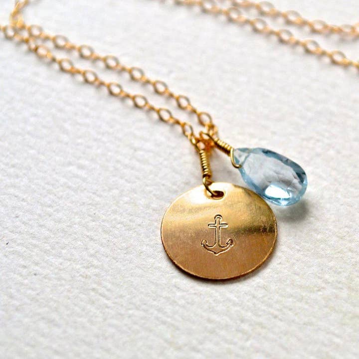 Ankerketting - handgemaakte nautische ankerbedelketting met aquamarijn voor wholesale door Foamy Wader