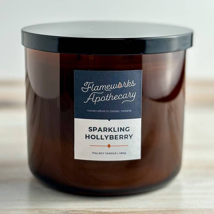 Sparkling Hollyberry 17 oz Double Wick Amber Jar Candle for wholesale by Flameworks Apothecary