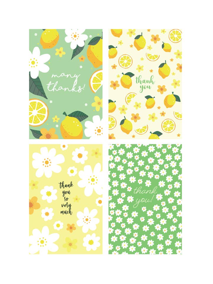 Lot de 4 cartes de remerciement au citron et aux fleurs pour la vente par The Gold Ink Press