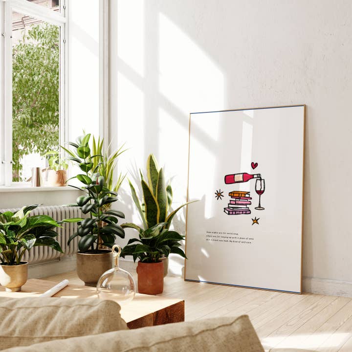 Freya Niamh - Wholesale Art Print - Wine & A Good Book Art Print, Lifestyle Art2