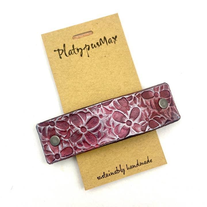 Silver Fuchsia / Pink Flowers Stamped Leather Hair Barrette for wholesale by PlatypusMax