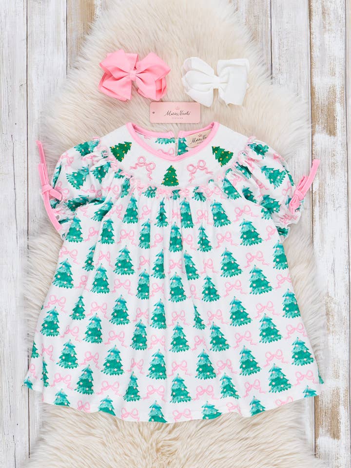 Marie Nicole Clothing - Wholesale Dress - Kids - Pink Bows & Evergreens Smocked Dress