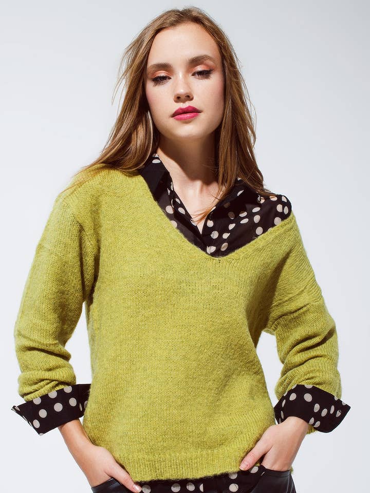 Pull vert doux à col en V pour la vente par Q2—All Orders:Free Duties for the US,UK,and Canada