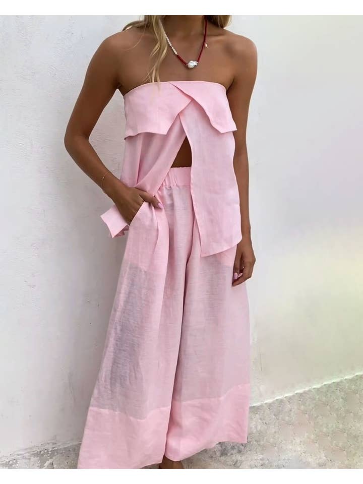 Chicto - Wholesale Top & Pant Set (NOT Loungewear) - Women's - Casual Solid Color Strapless Split Top & Pants Two-Piece Set