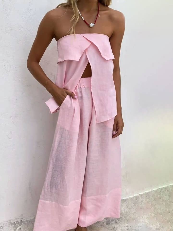 Chicto - Wholesale Set met top en broek (GEEN Loungewear) - Dames - Casuale effen kleur straploze split top & broek tweedelig set4