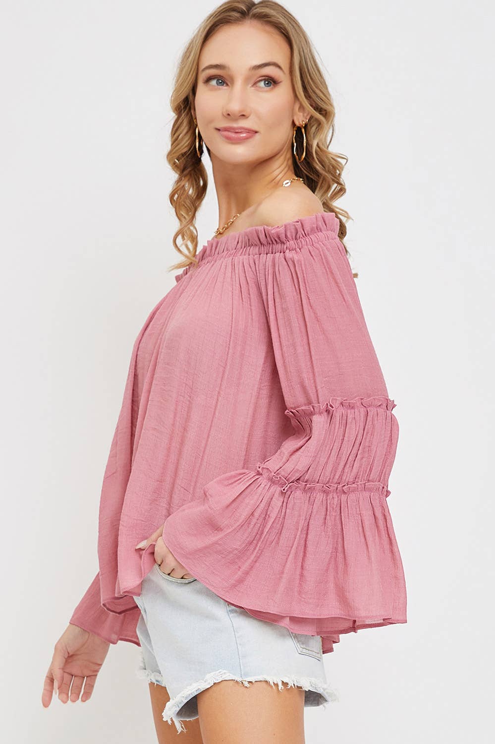 Sweet Lovely by Jen - Wholesale Blouse – Women’s - OFF SHOULDER TIERED BELL SLEEVE TOP69