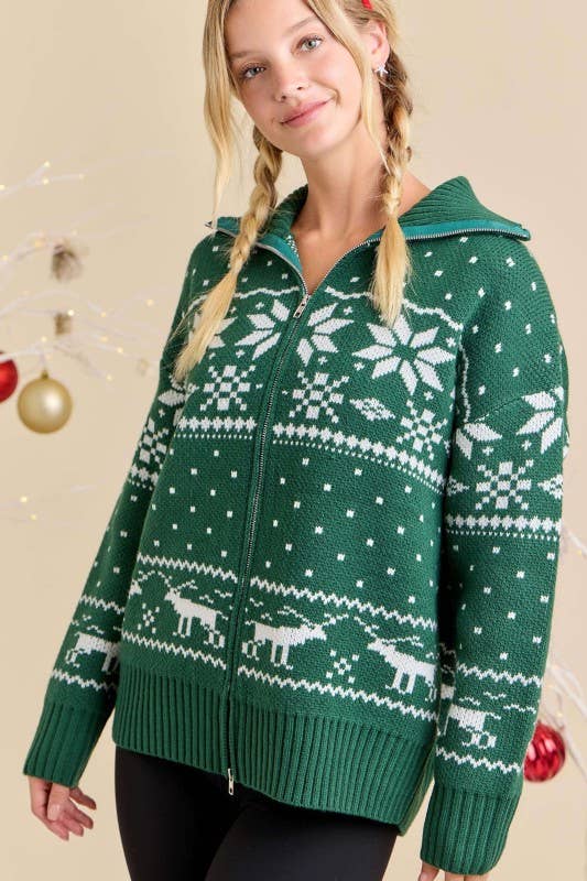 HUNTER GREEN Nordic Zip-Up Holiday Knit Cardigan – Ready to Ship Winter❄ for wholesale on Faire3