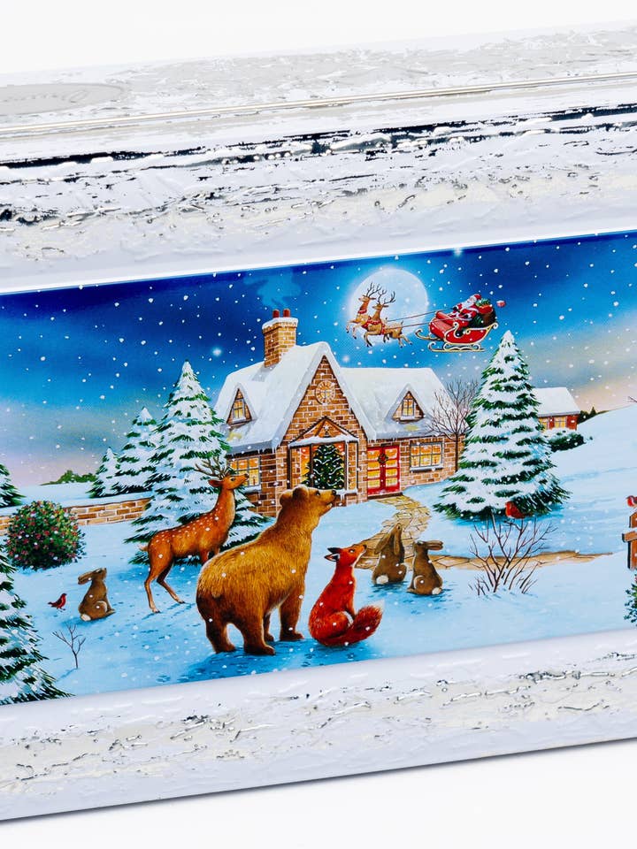 Home for Christmas Tin with Caramel and Choc Chip Biscuits for wholesale by Churchill's Confectionery