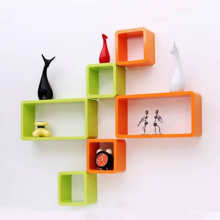Wall Shelf 6 Pieces Cube and Rectangle Storage Display Mdf Shelf - Green and Orange for wholesale by AK INTERNATIONAL