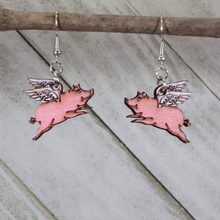 Fluttering Flying Pig Wooden Earrings for wholesale by Cates Concepts