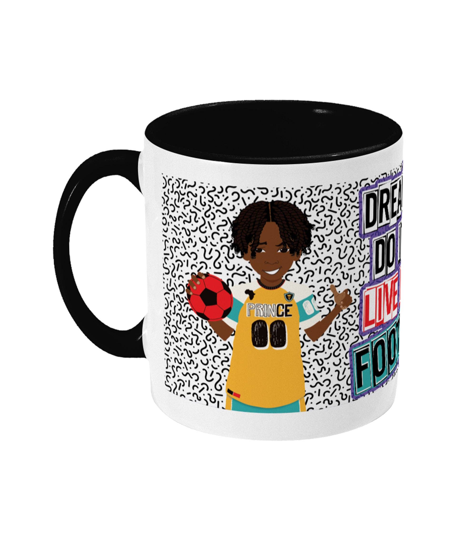 White Black Kyrese - Footballer Boys 2 toned mug | Fefus Designs for wholesale on Faire2