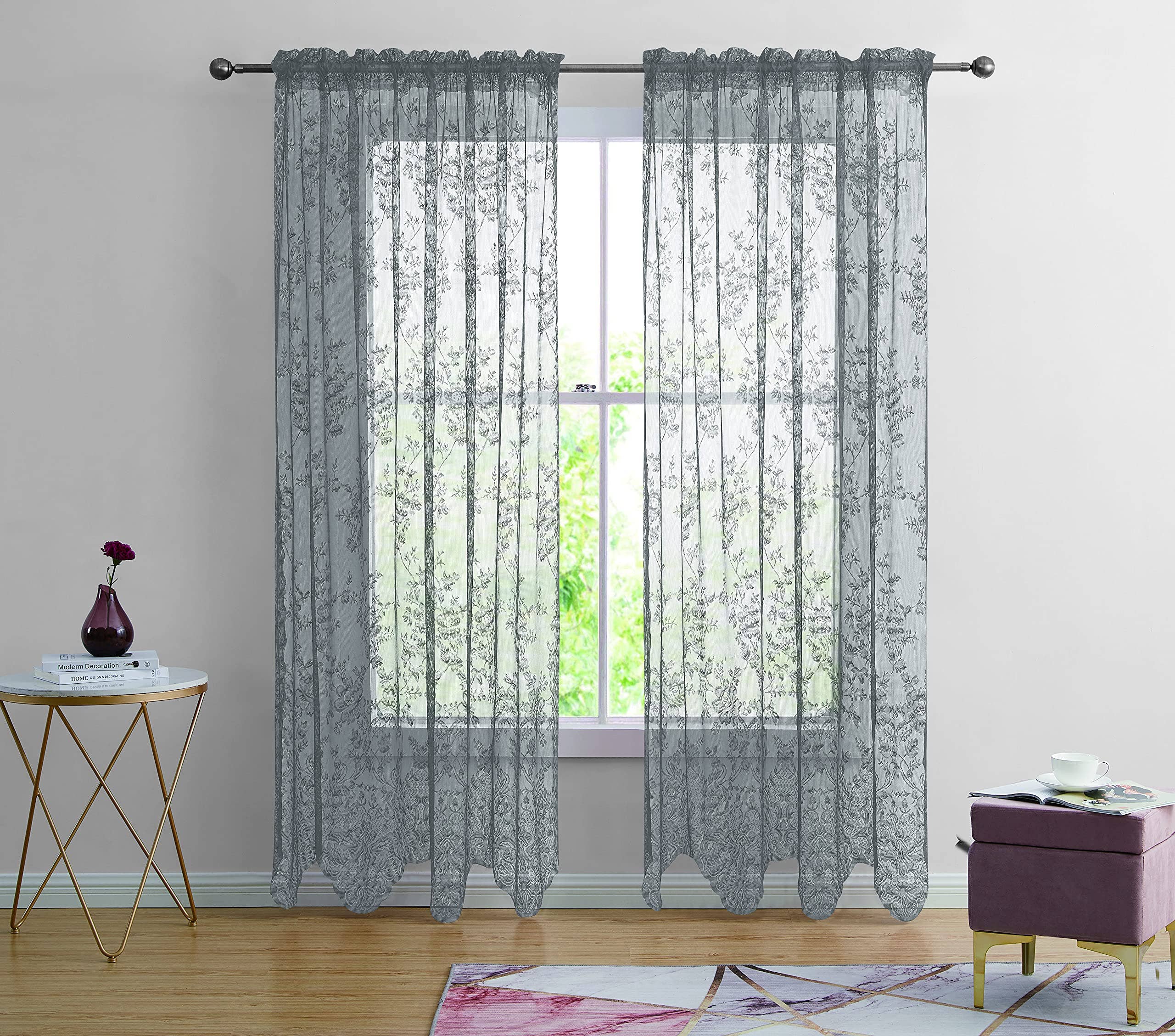 Jenin Home Furnishing Inc - Wholesale Curtain - 2pc Alison Sheer Flower Floral Lace Rod Pocket Curtain Panel17